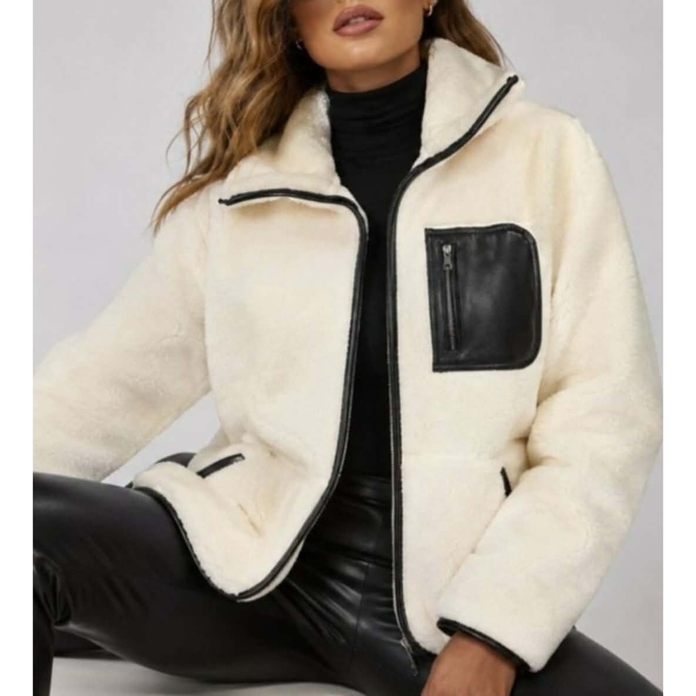 SPANX Fleece Sherpa Full Zip Jacket Frosted Ivory Black sz M Medium NWT $198
